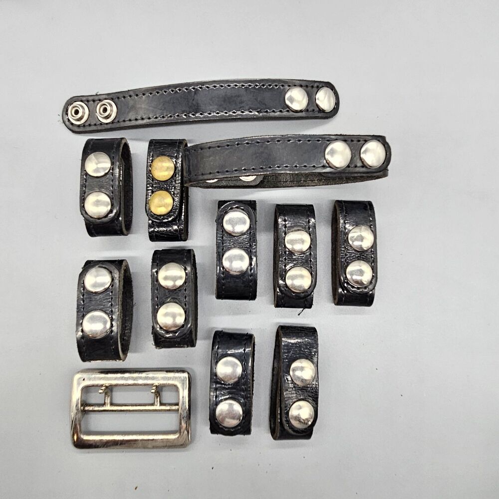 Vtg Police Duty Black Leather Belt Keeper Lot Of 11 Snap On Cosplay Authentic